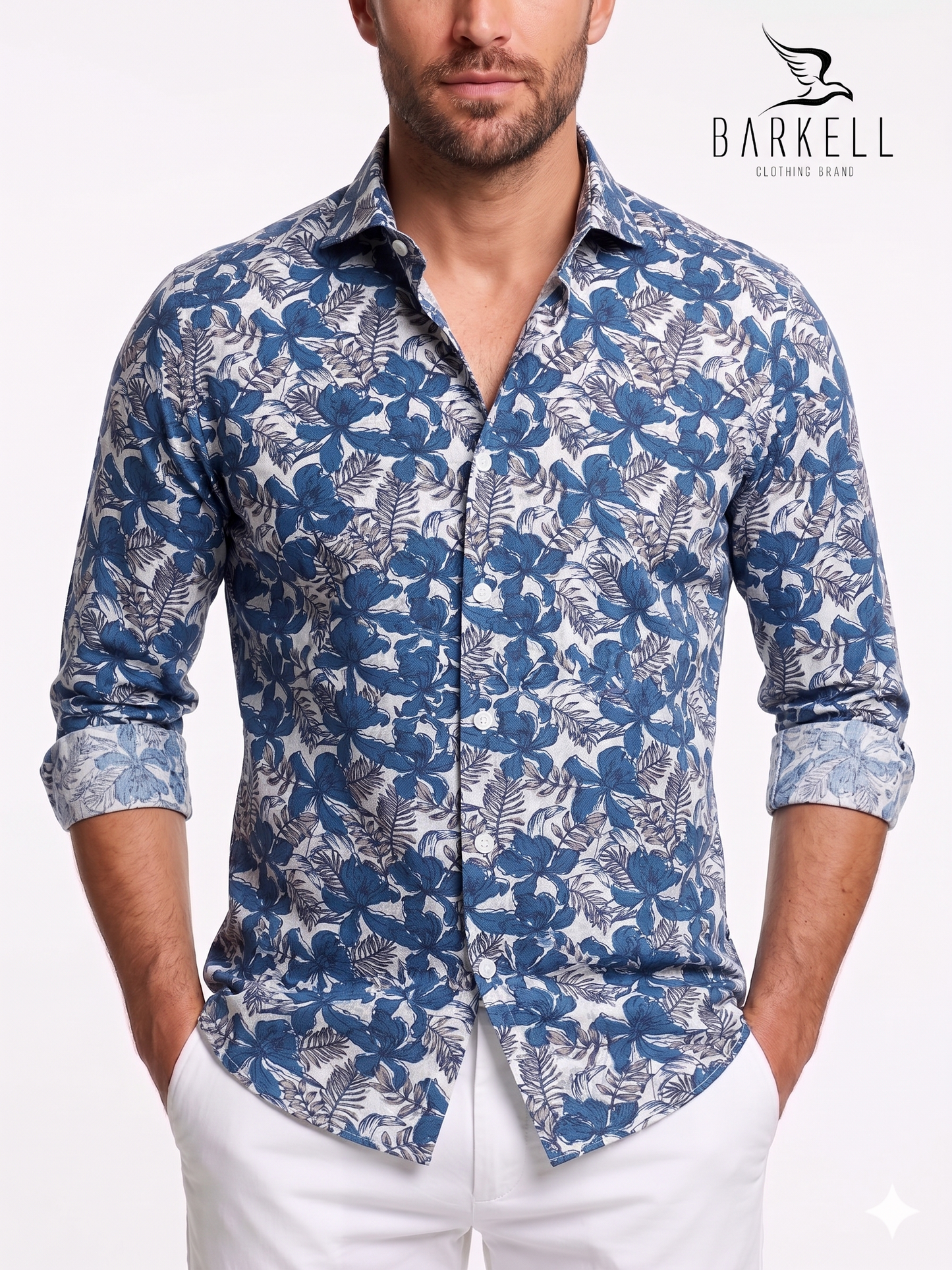 Camicia in Cotone Fantasia Ibisco Azzurro e Grigio Fondo Bianco Collo Francese Piccolo
