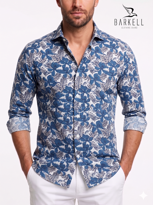 Light Blue and Gray Hibiscus Patterned Cotton Shirt with White Background. Small French Collar