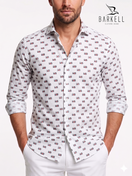 Cotton Shirt Camera Pattern White Background Small Spread Collar