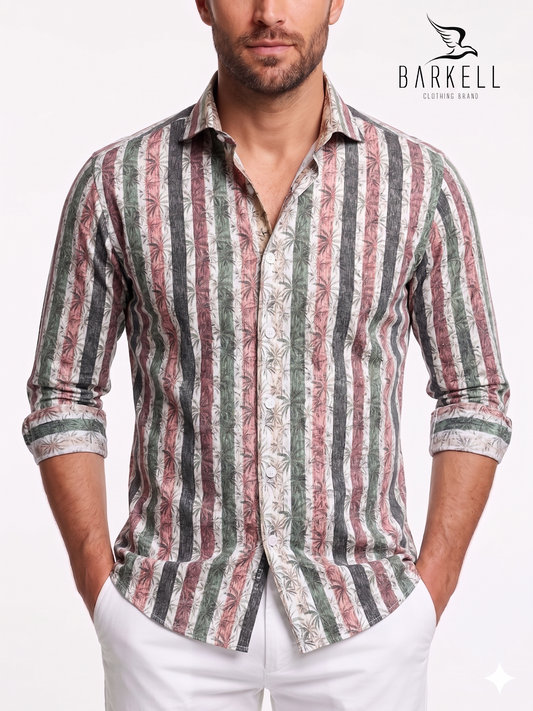 Cotton Shirt with Stripe and Multicolored Palm Trees Pattern on White Background. Small French Collar