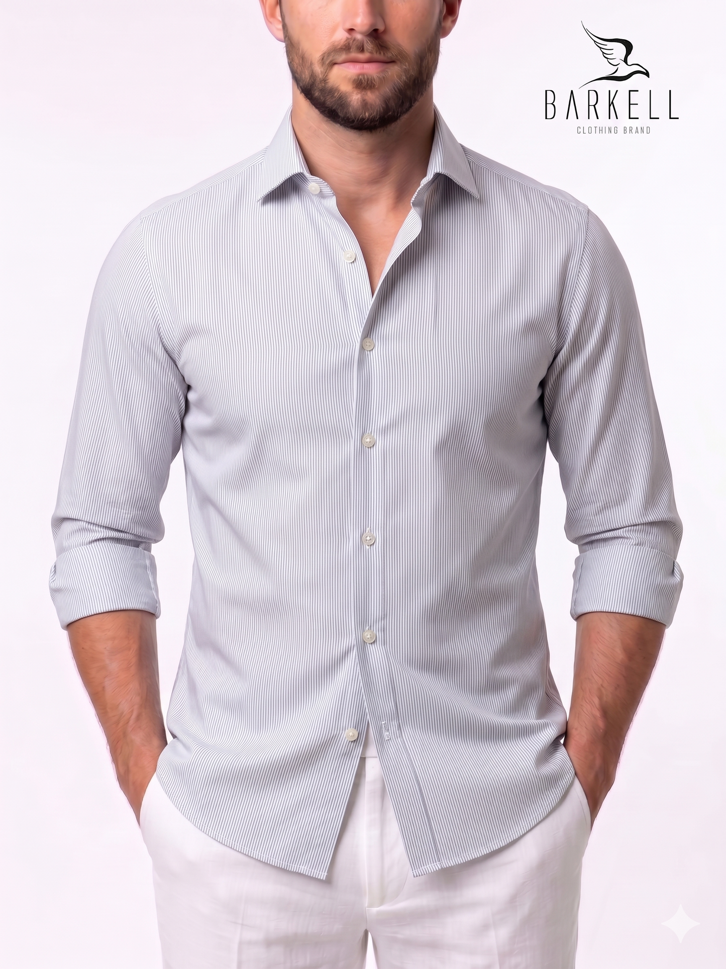 Camicia in Cotone No Stiro Rigata Blu e Bianco Collo Francese