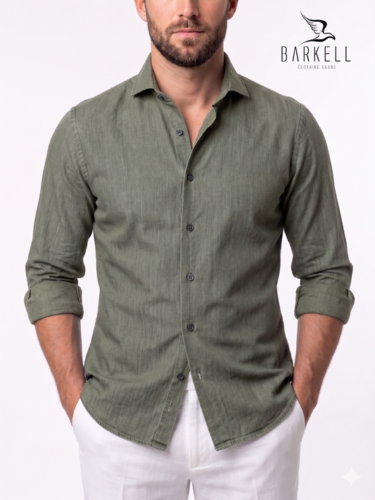 Military Green Linen Blend Shirt with Cutaway Spread Collar