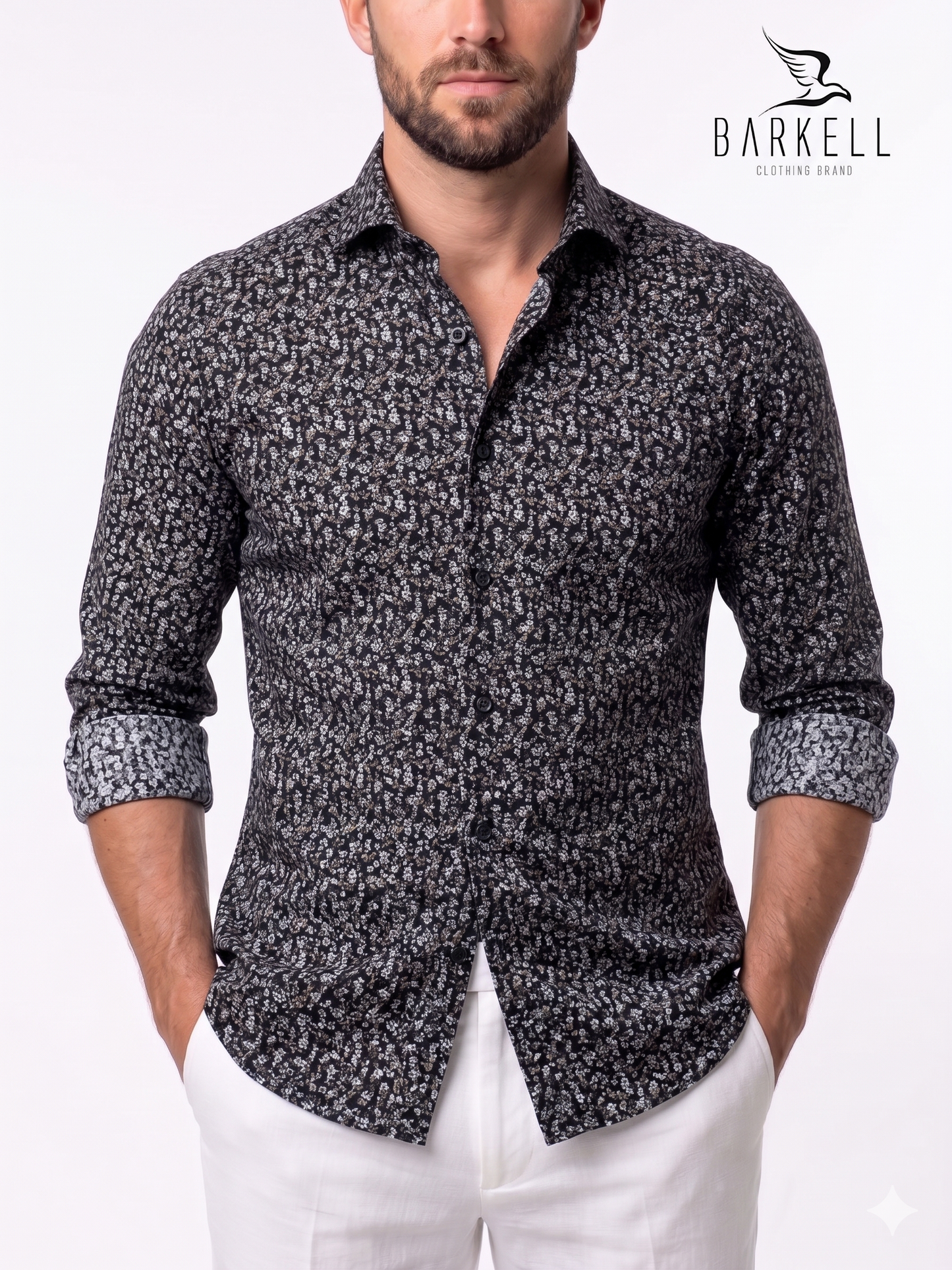 Cotton Shirt with Multicolored Flowers Pattern on Black Background with Cutaway Spread Collar