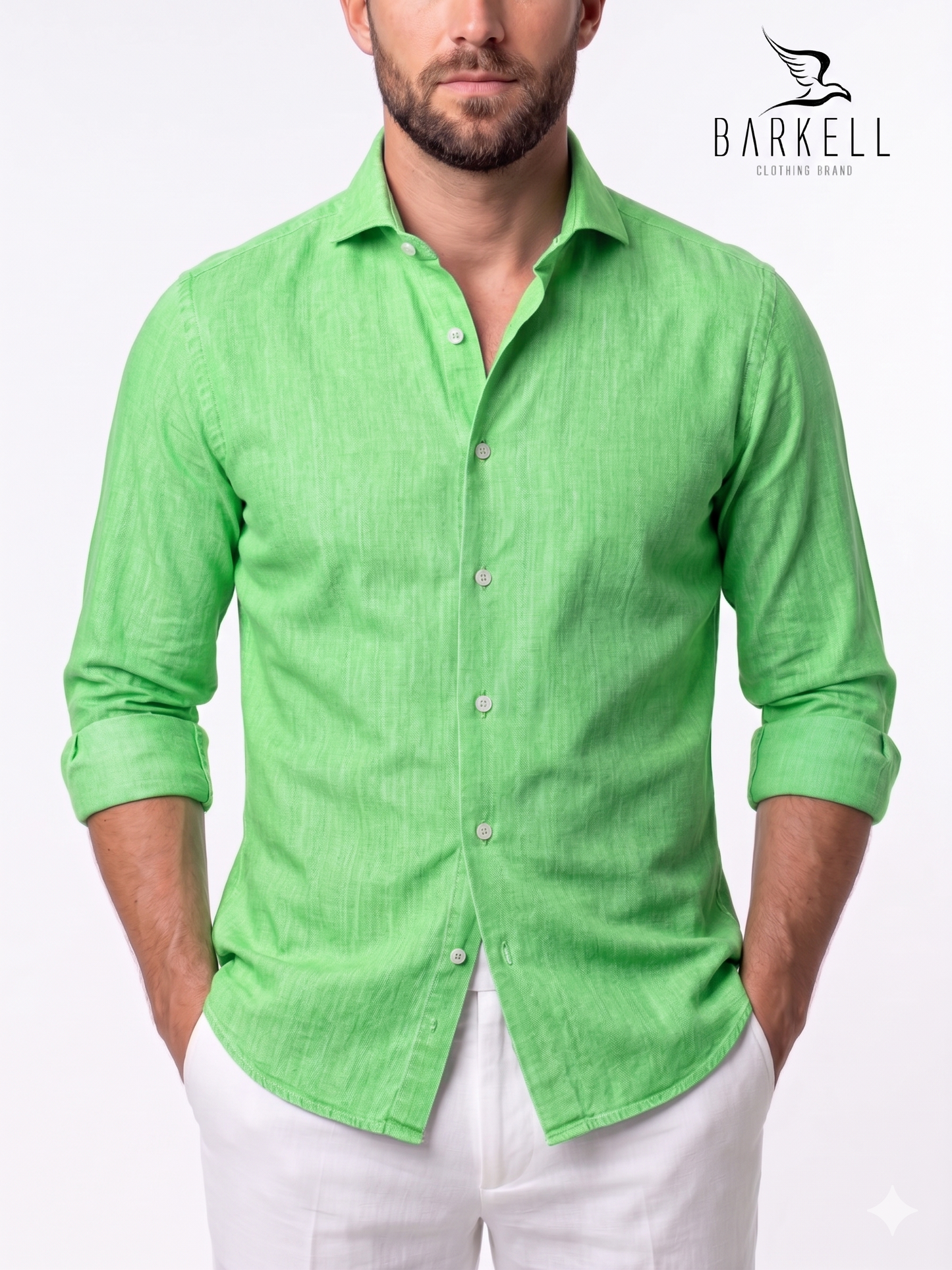 Chemise en lin mélangé vert clair avec col italien