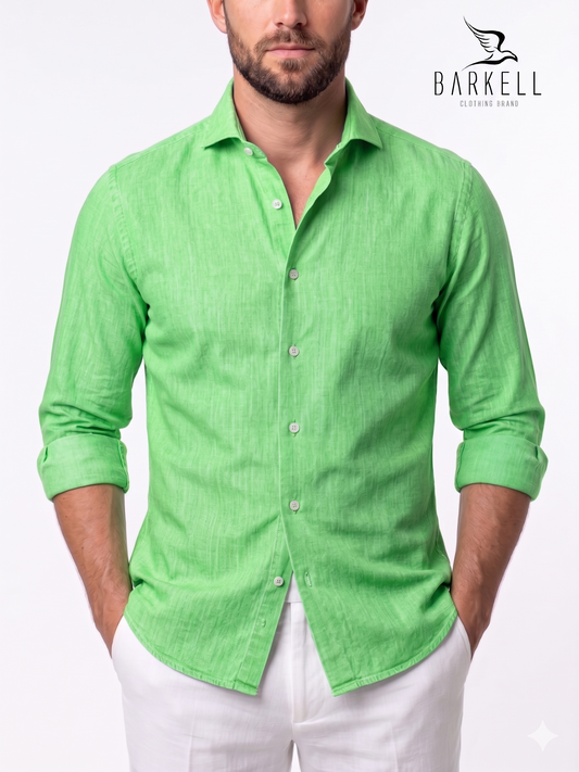Light Green Linen Blend Shirt with Cutaway Spread Collar