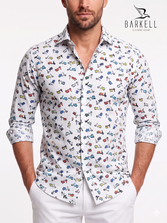 Multicolored Lambretta Patterned Cotton Shirt with White Background. Small French Collar