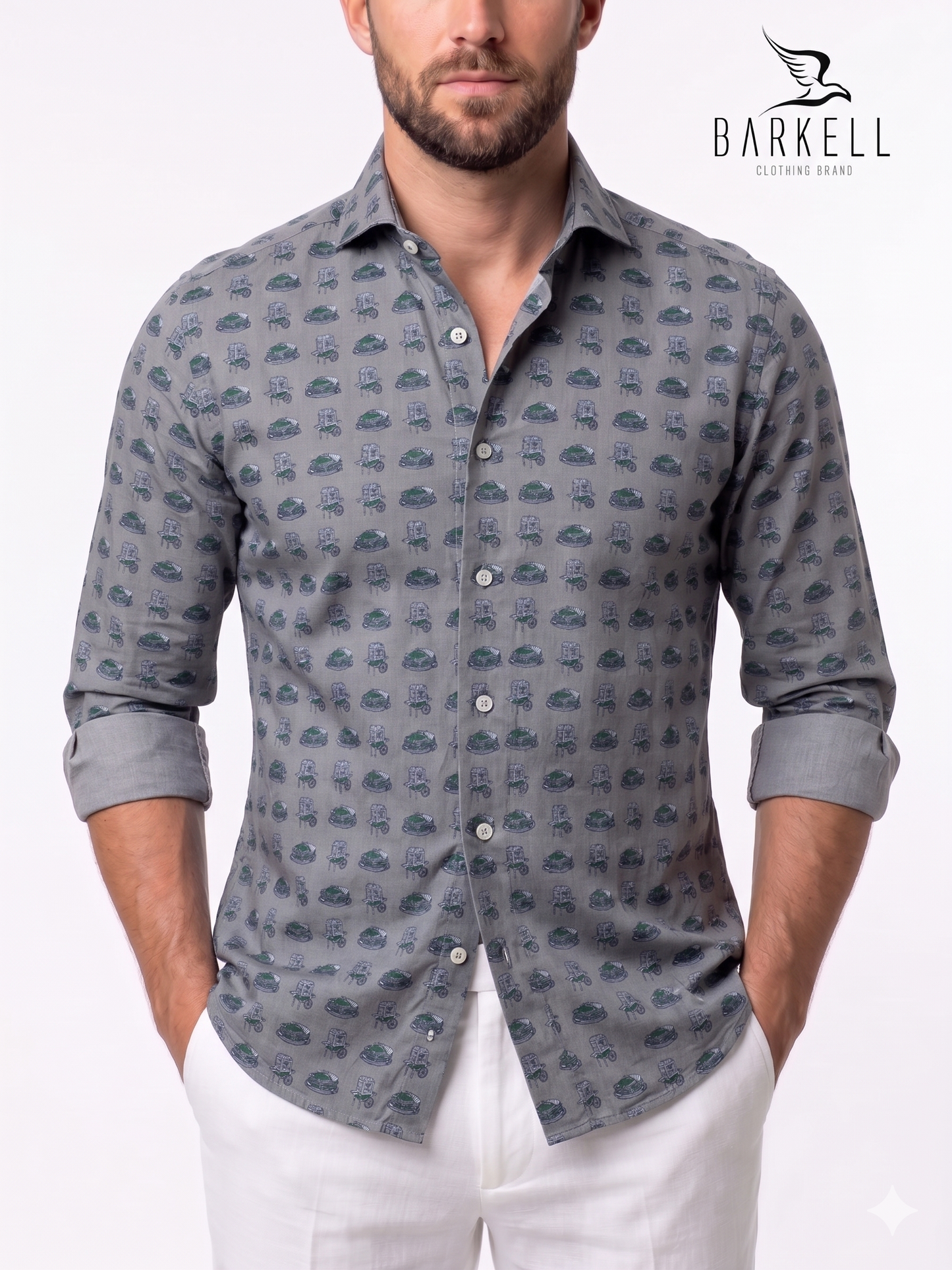 Green Luna Park Patterned Cotton Shirt with Gray Background Cutaway Spread Collar