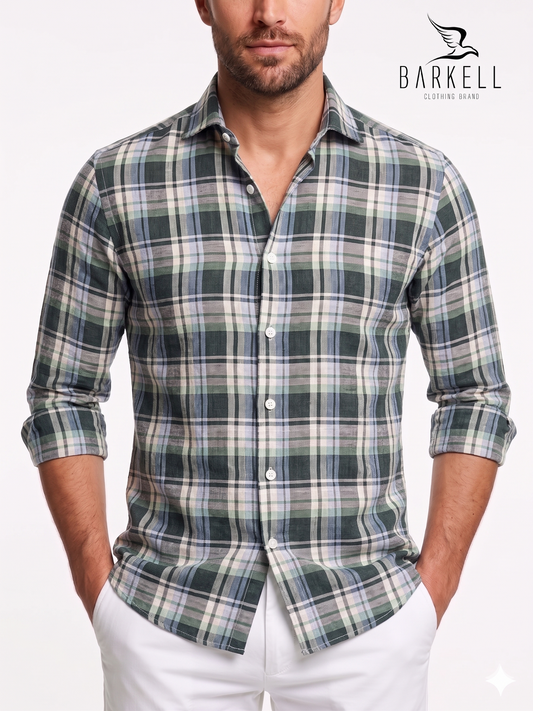 Camicia in Puro Lino Quadro Azzurro e Sabbia Fondo Verdone Collo Francese Piccolo