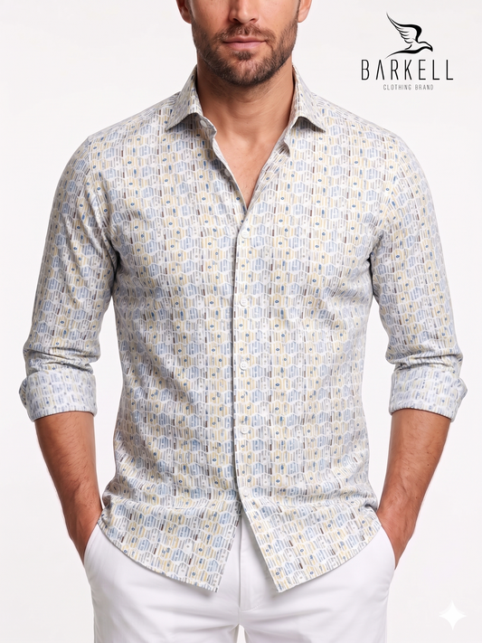Cotton Shirt with Multicolored Geometric Pattern on White Background with Small Spread Collar