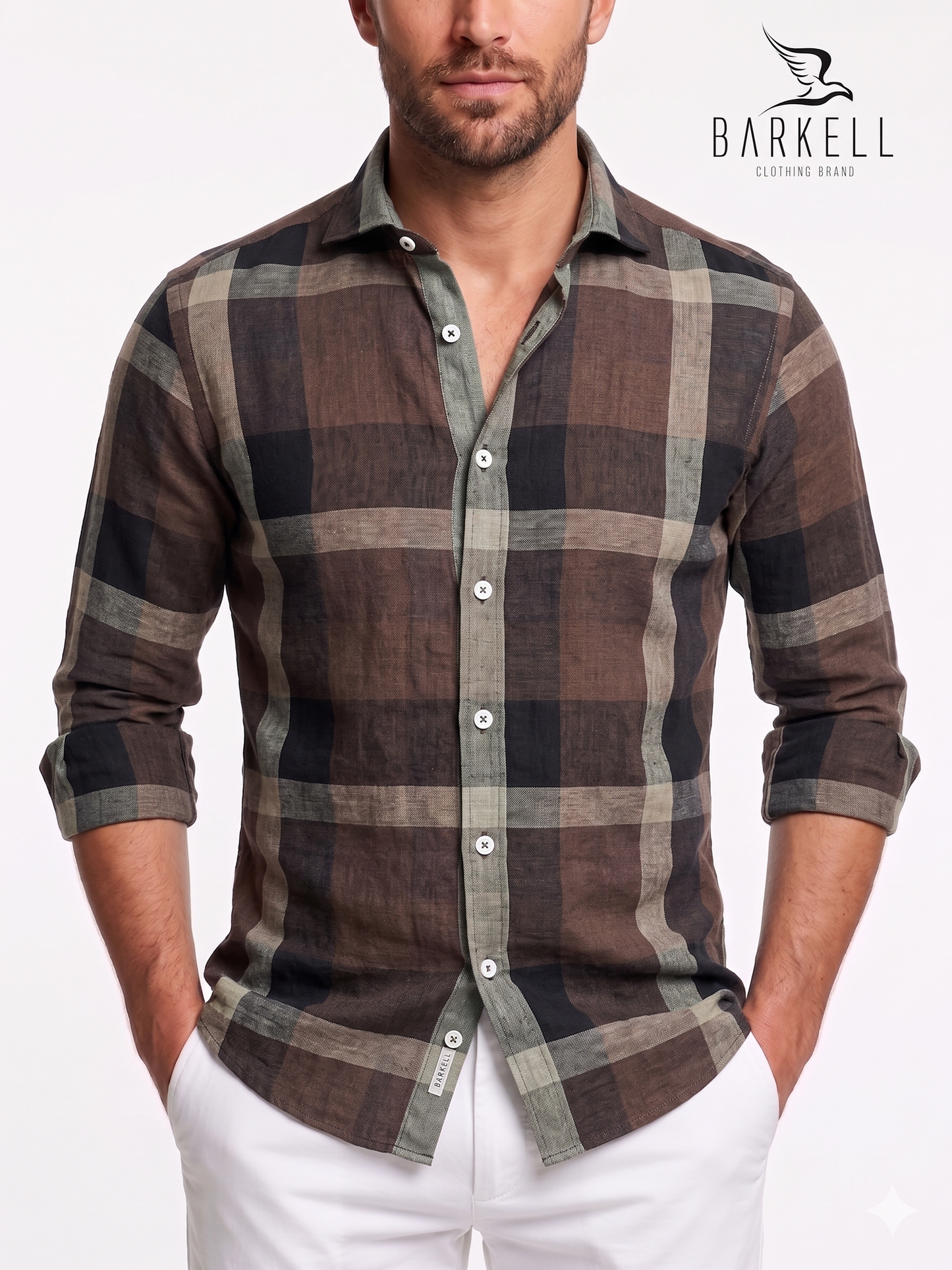 Chemise en Pur Lin Quadrone Multicolore Fond Marron Petit Col Français