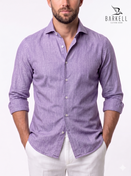 Lilac Linen Blend Shirt with Cutaway Spread Collar