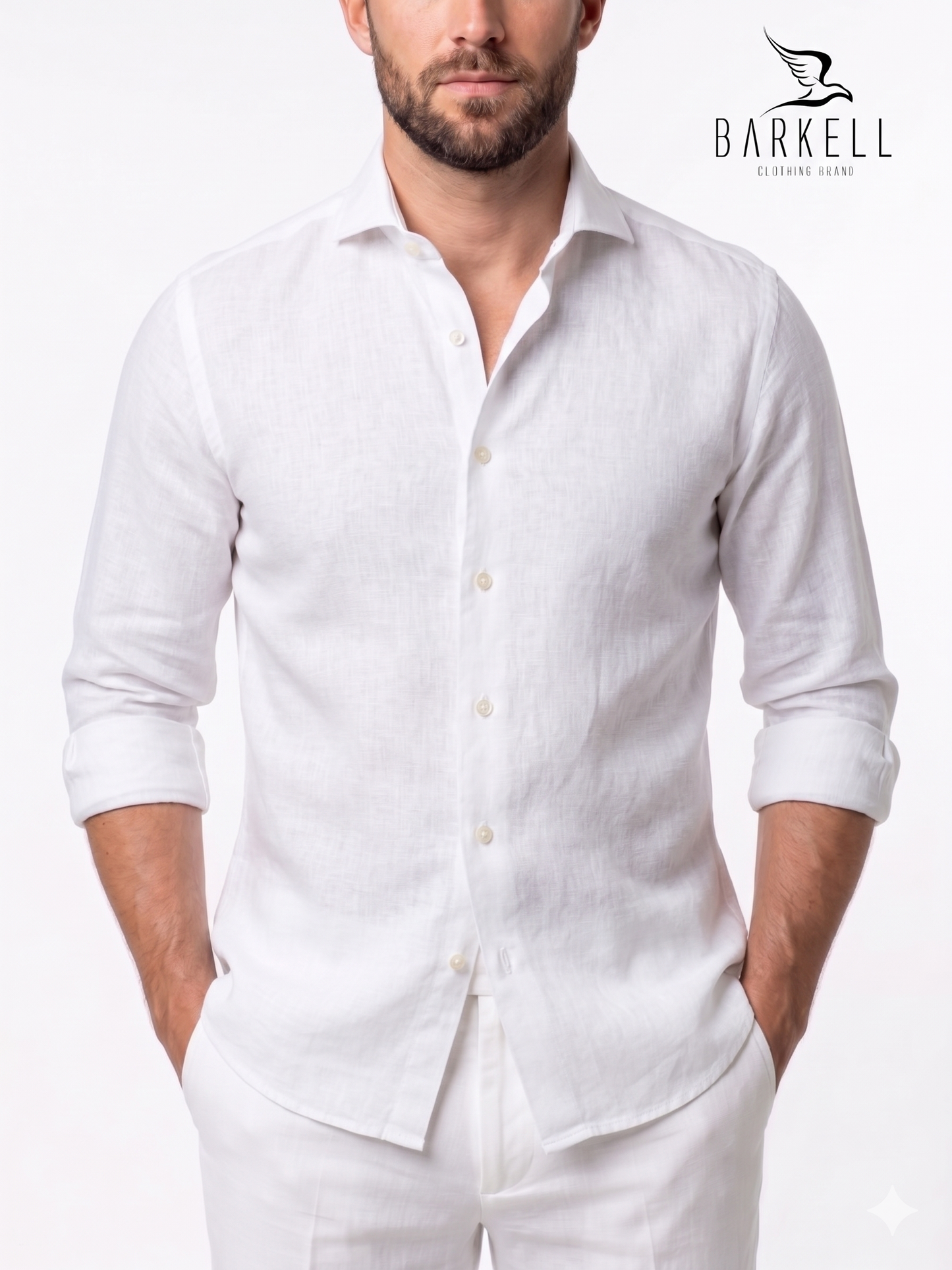 Camicia in Puro Lino Bianco Collo Francese Cutaway