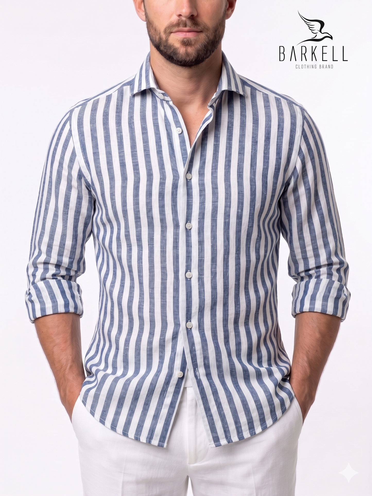 Camicia in Misto Lino Rigato Blu e Bianco Collo Francese Cutaway