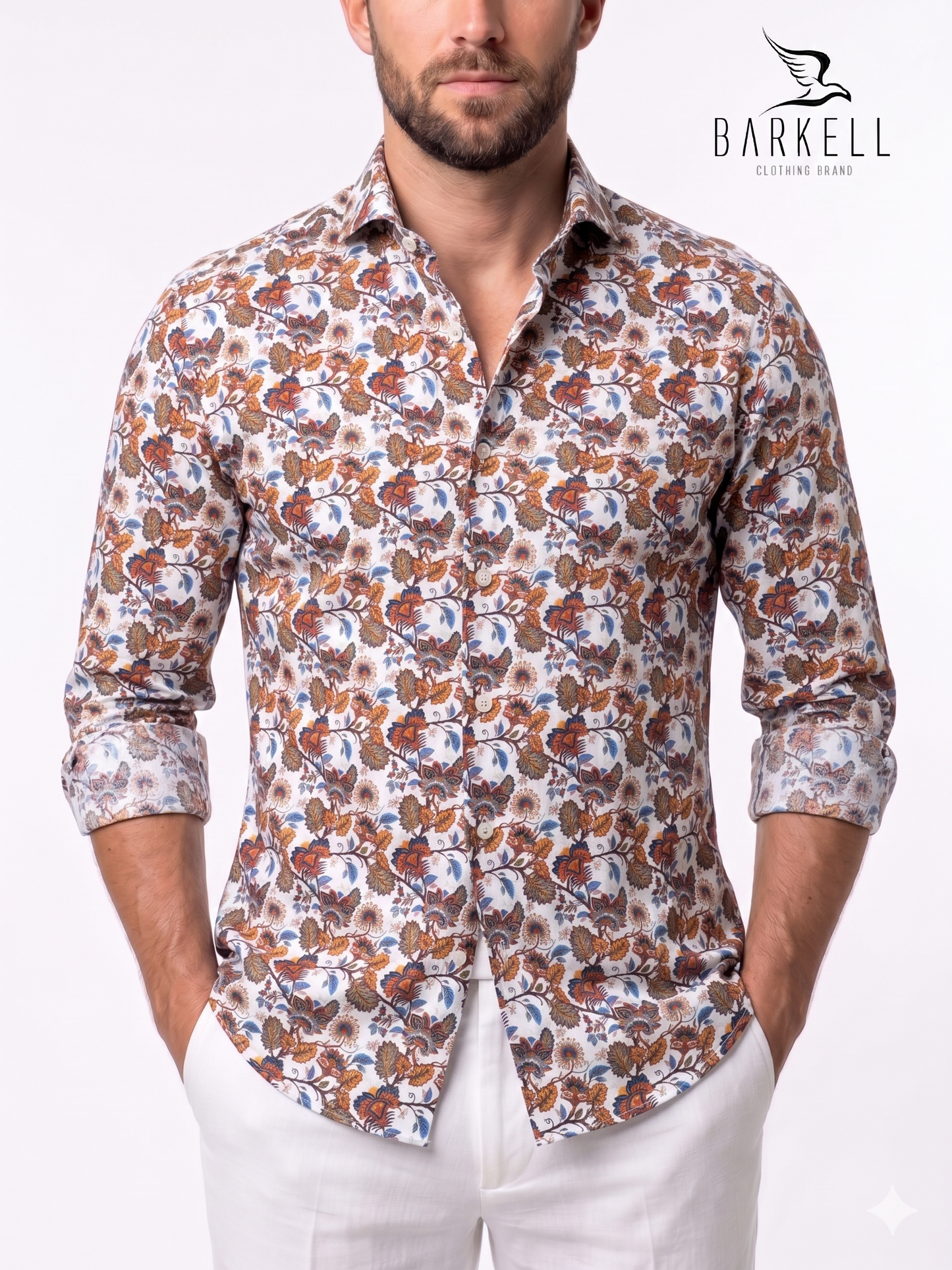 Camisa de algodón con estampado floral multicolor sobre fondo blanco con cuello italiano