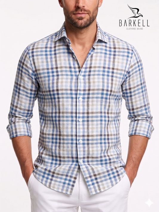 Camicia in Puro Lino Quadro Blu e Nocciola Fondo Bianco Collo Francese Piccolo