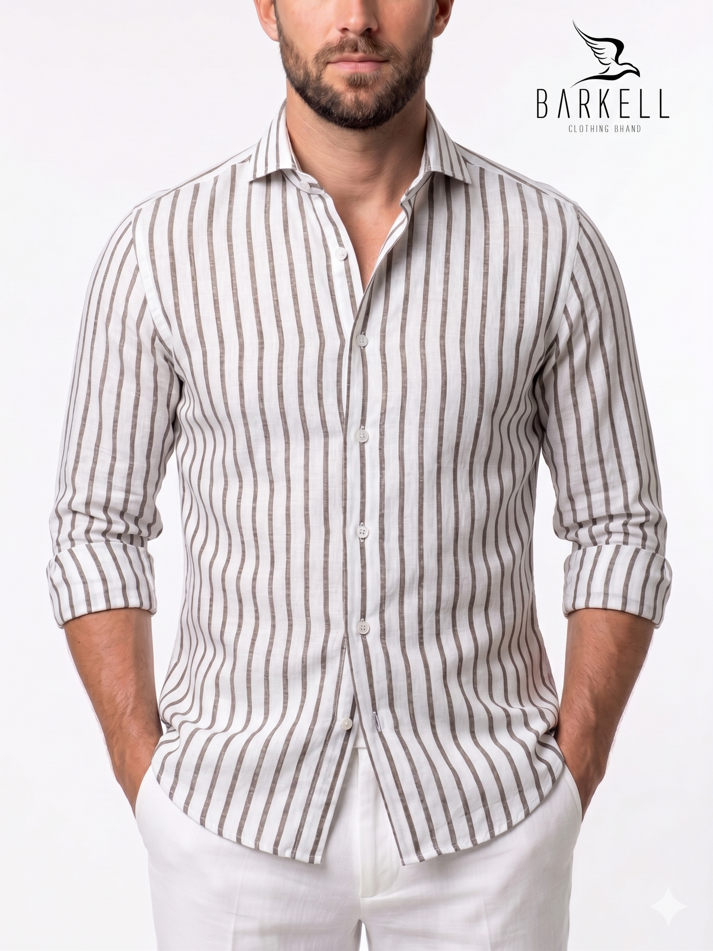 Chemise en lin mélangé à rayures marron et blanches avec col italien