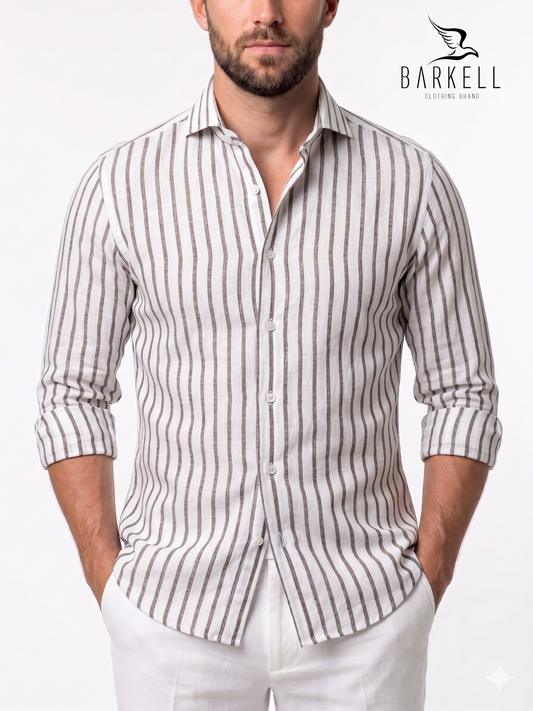 Brown and White Striped Linen Blend Shirt with Cutaway Spread Collar