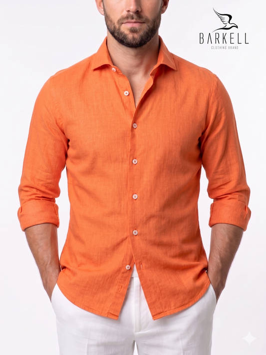 Shirt in Pure Orange Linen with Cutaway Spread Collar