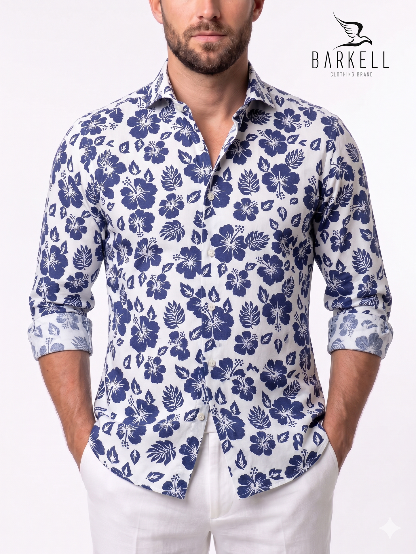 Indigo Hibiscus Patterned Cotton Shirt with White Background Cutaway Spread Collar