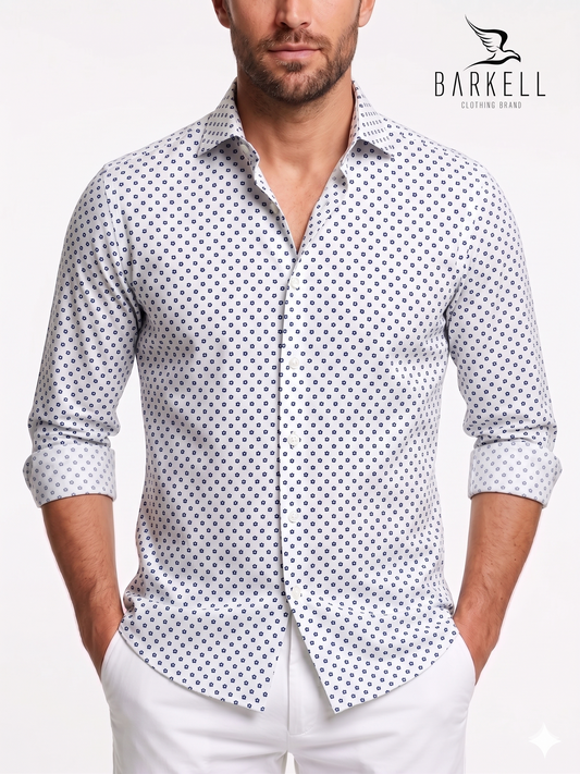 Cotton Shirt with Blue Stars Pattern on a White Background with Small Spread Collar
