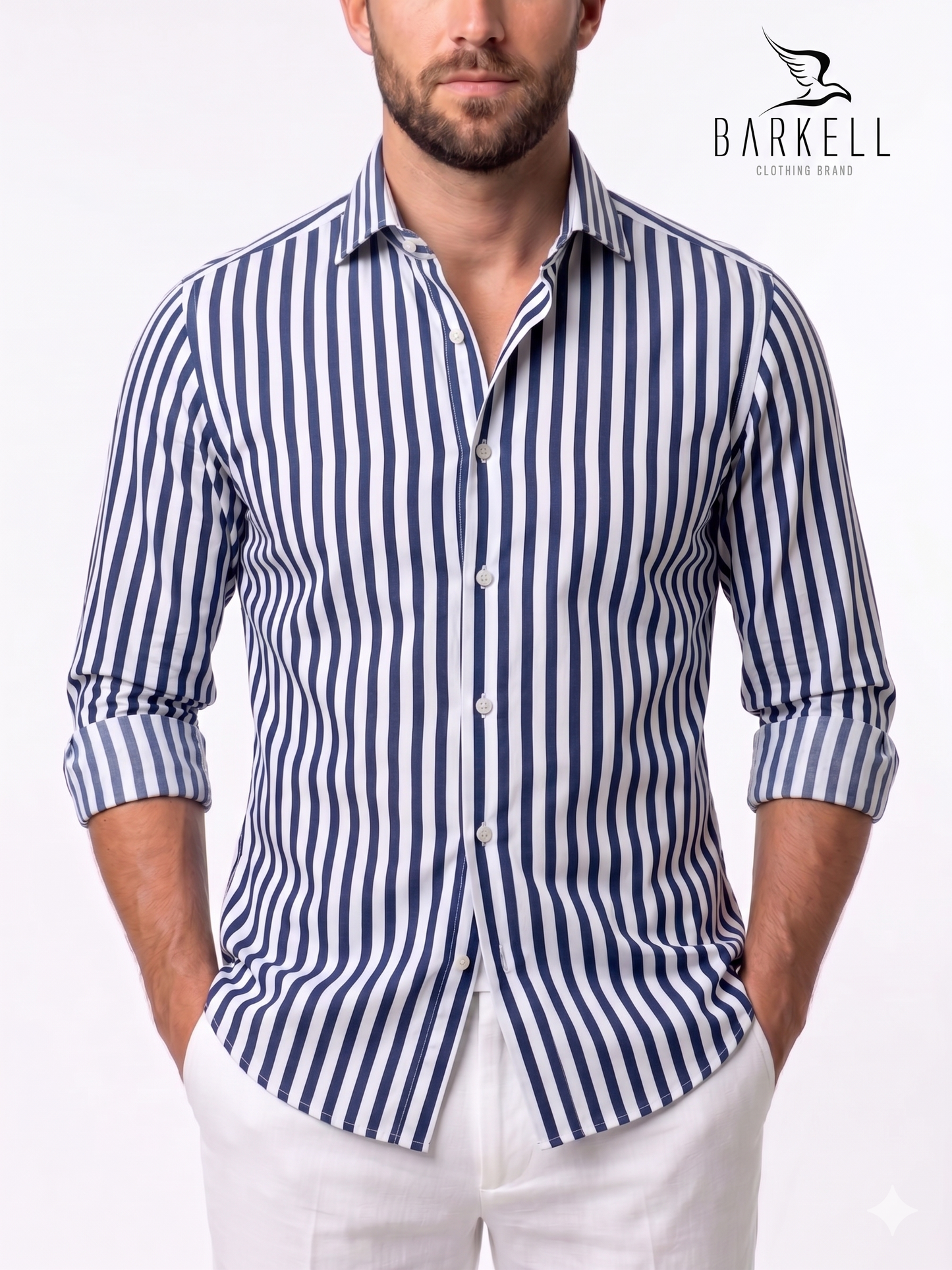 Camicia in Cotone Doppio Ritorto Rigata Blu e Bianco Collo Francese