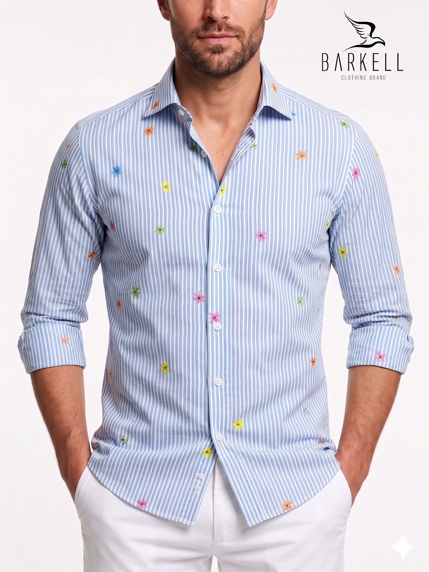 Camicia in Cotone Fantasia Righe Azzurre e Fiori Multicolore Fondo Bianco Collo Francese Piccolo