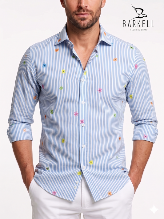 Cotton Shirt with Blue Stripes and Multicolored Flowers Pattern on White Background with Small Spread Collar