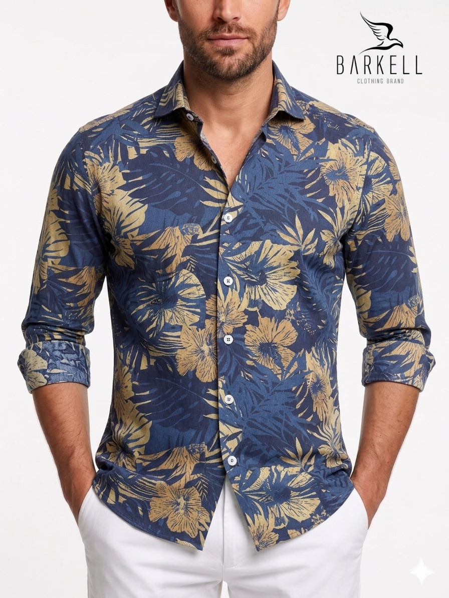 Camicia in Cotone Fantasia Tropicale Multicolore Fondo Blu Collo Francese Piccolo