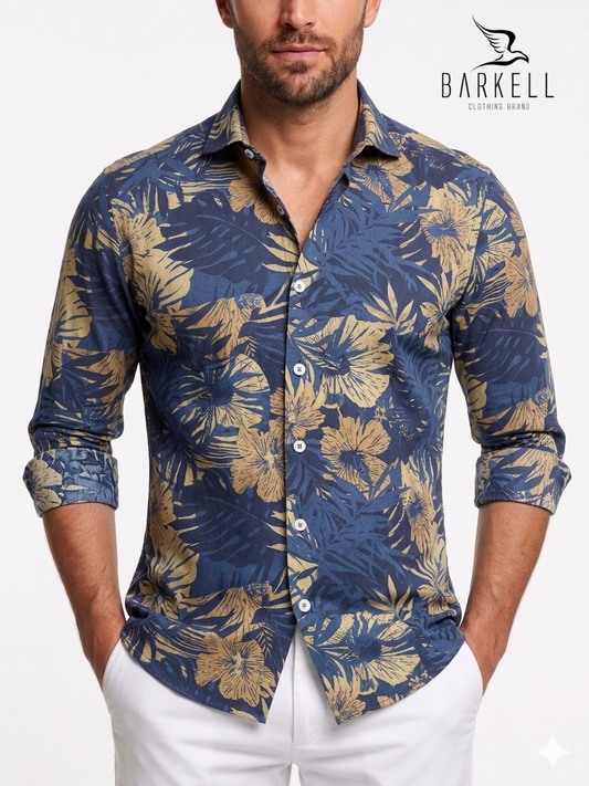 Multicolored Tropical Patterned Cotton Shirt with Blue Background. Small French Collar