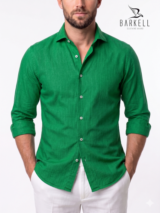 Apple Green Pure Linen Shirt with Cutaway Spread Collar
