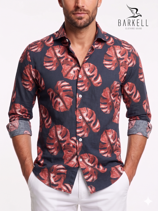 Cotton Shirt with Red Tropical Leaf Pattern on Blue Background with Small Spread Collar