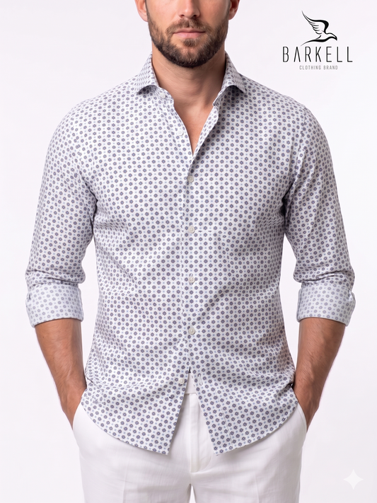 Camicia in Cotone Fantasia Geometrica Blu e Nocciola Fondo Bianco Collo Francese Cutaway