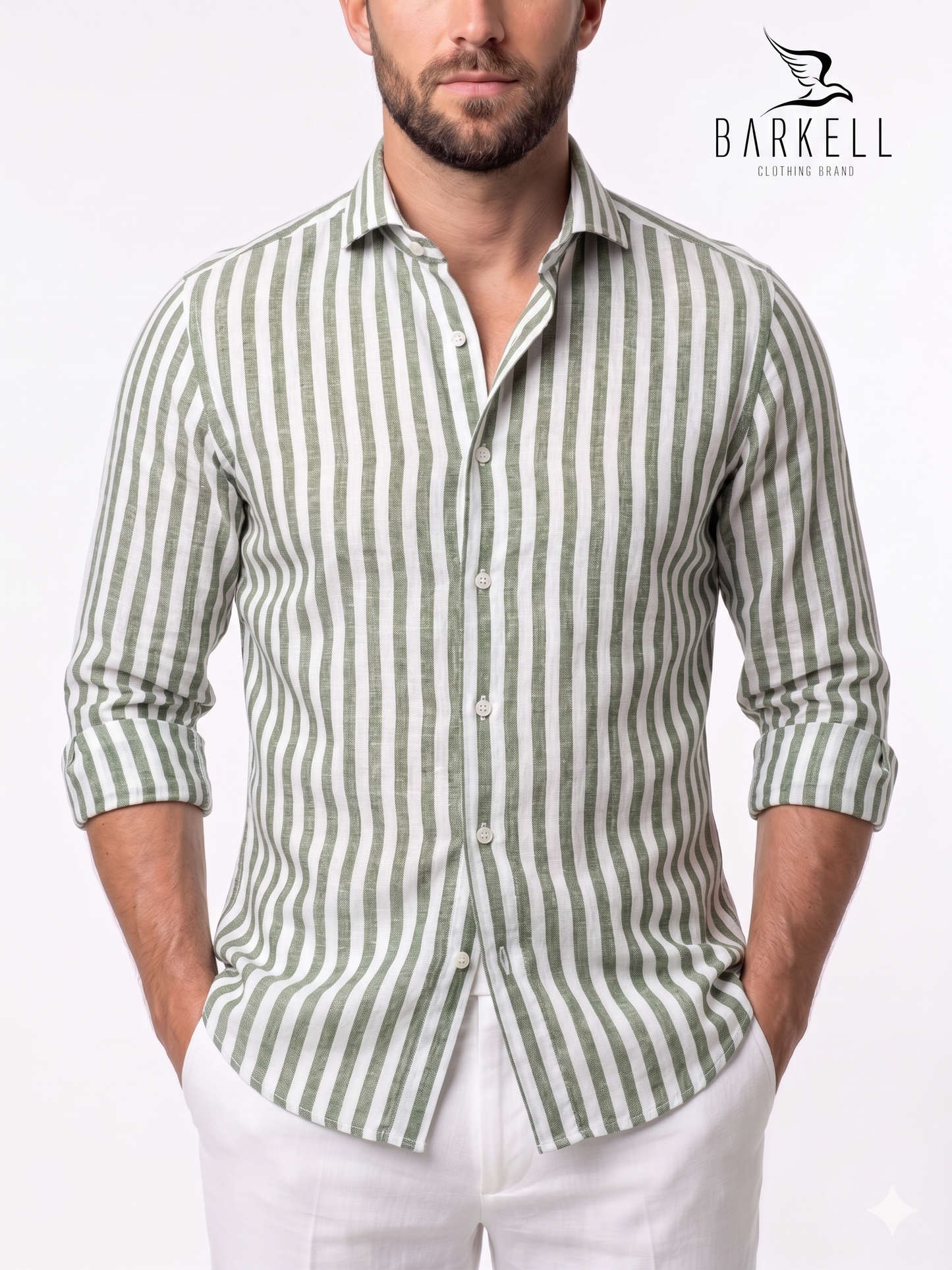 Camicia in Misto Lino Rigato Verde Oliva e Bianco Collo Francese Cutaway
