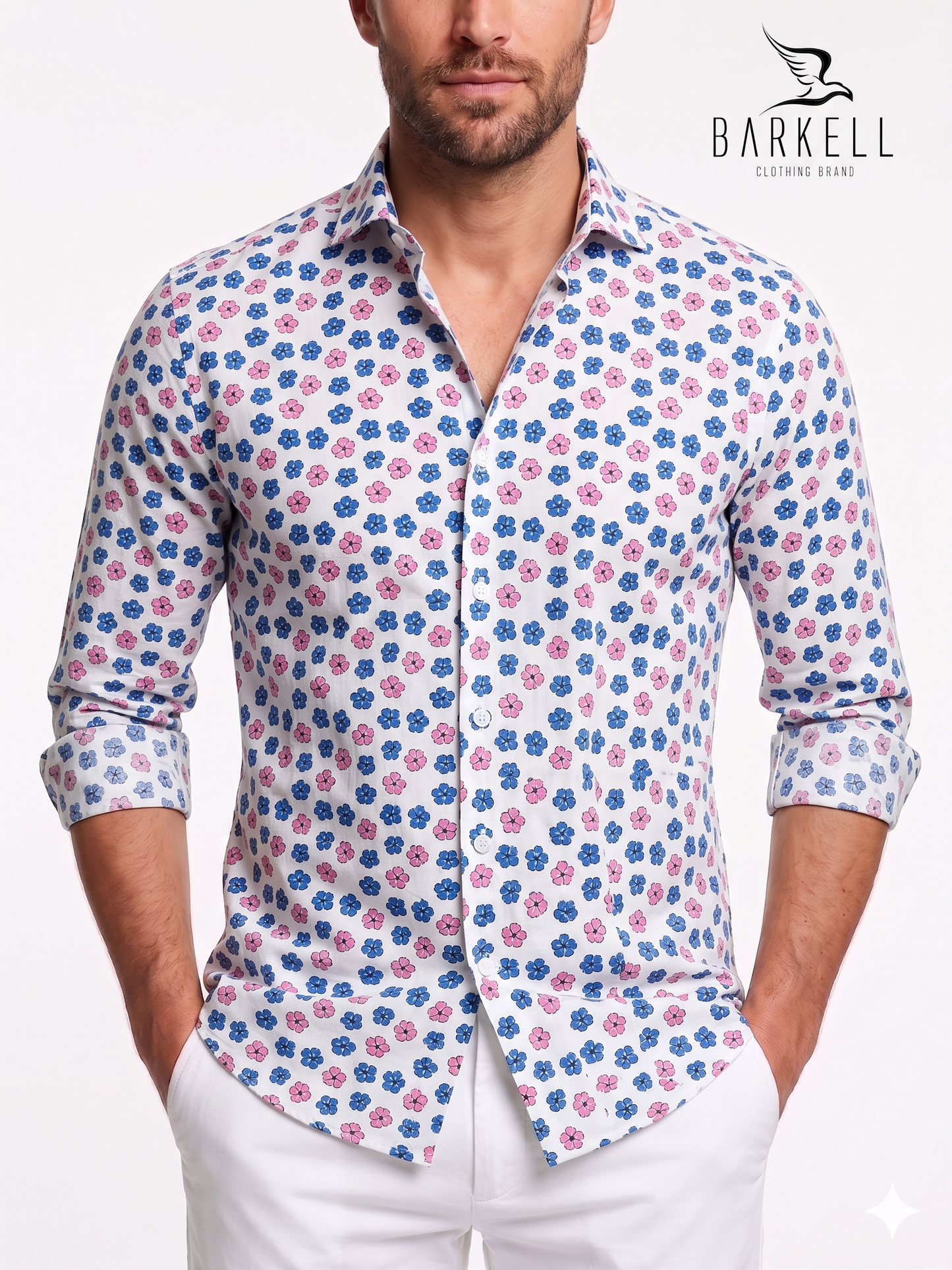 Camicia in Cotone Fantasia Fiori Rosa e Azzurri Fondo Bianco Collo Francese Piccolo