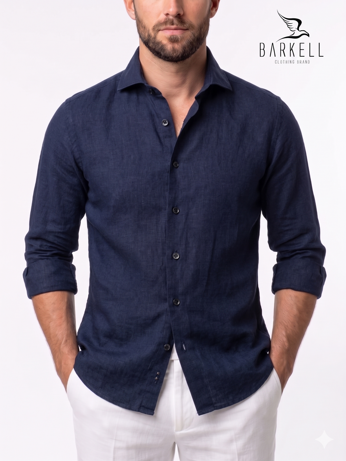Camisa de puro lino azul con cuello italiano