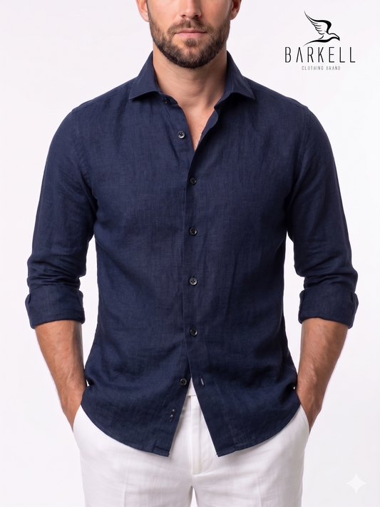 Blue Linen Blend Shirt with Cutaway Spread Collar
