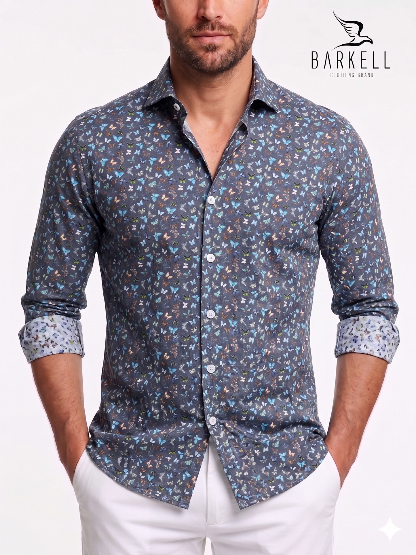 Camicia in Cotone Fantasia Farfalle Multicolore Fondo Blu Collo Francese Piccolo