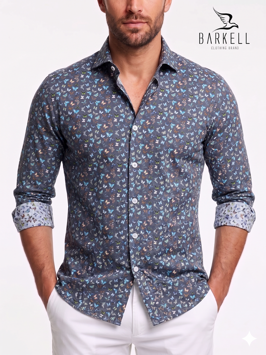 Multicolored Butterfly Pattern Cotton Shirt with Blue Background. Small cutaway collar