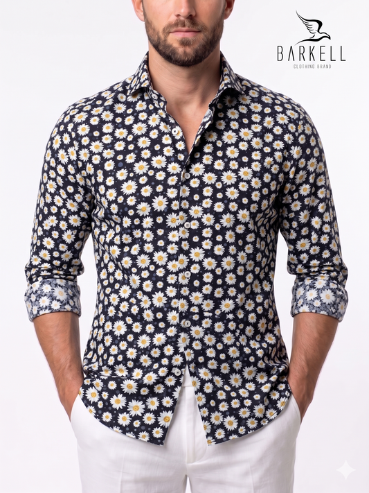 Camicia in Cotone Fantasia Margherite Fondo Nero Collo Francese Cutaway