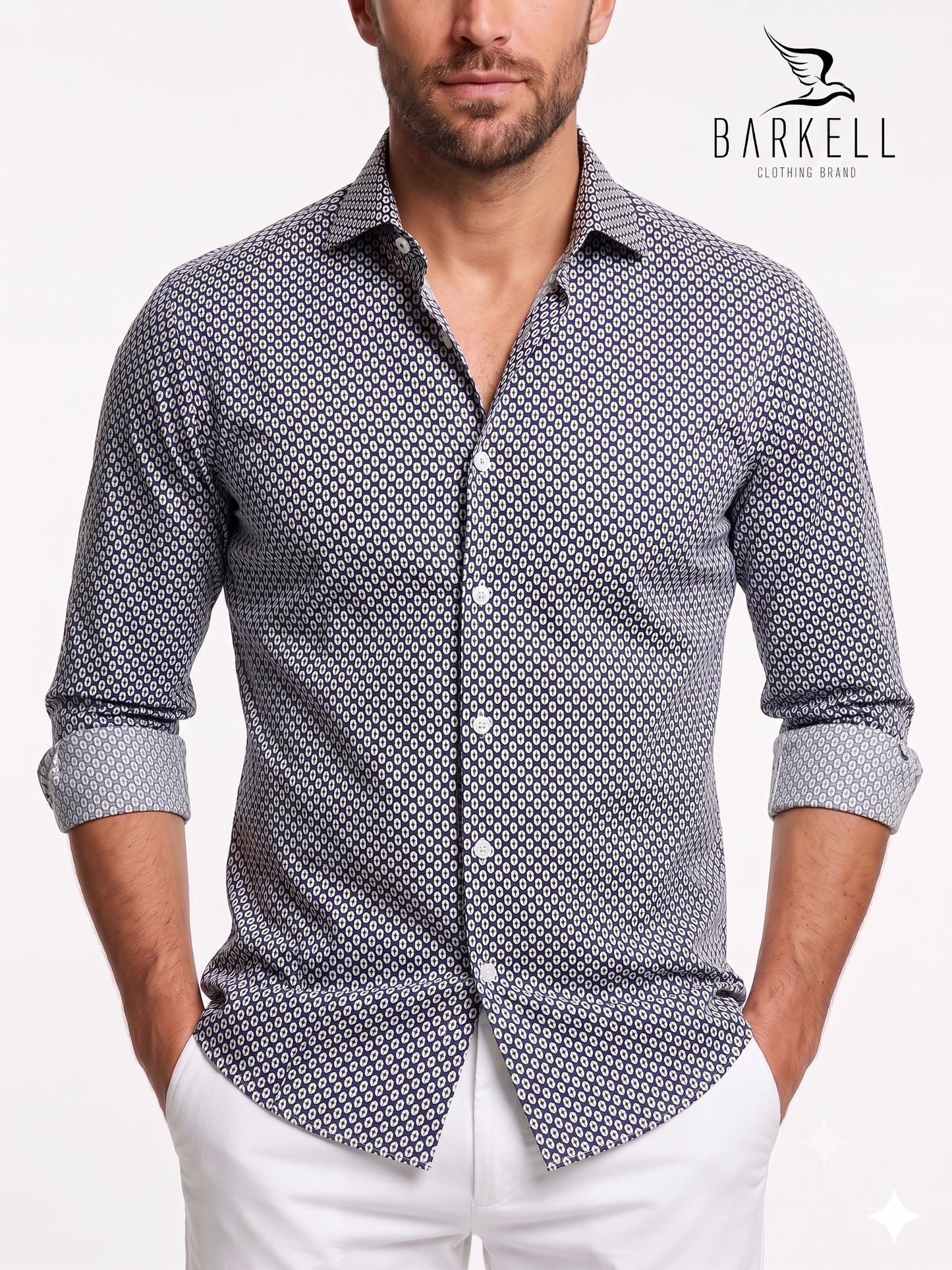 Camicia in Cotone Fantasia Geometrica Marrone Fondo Blu Collo Francese Piccolo