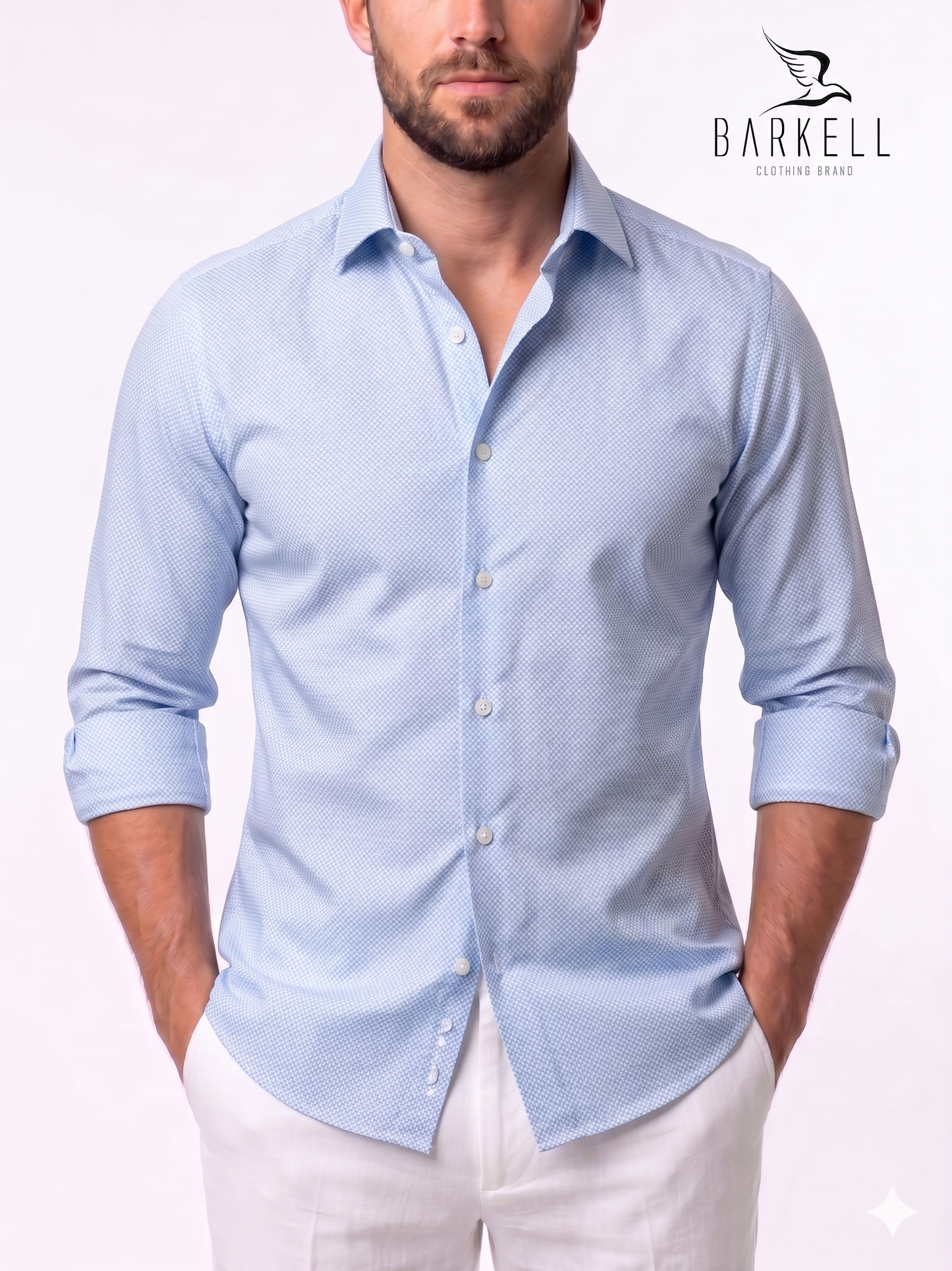 Camicia in Cotone No Stiro Microfantasia Geometrica Celeste Fondo Bianco Collo Francese