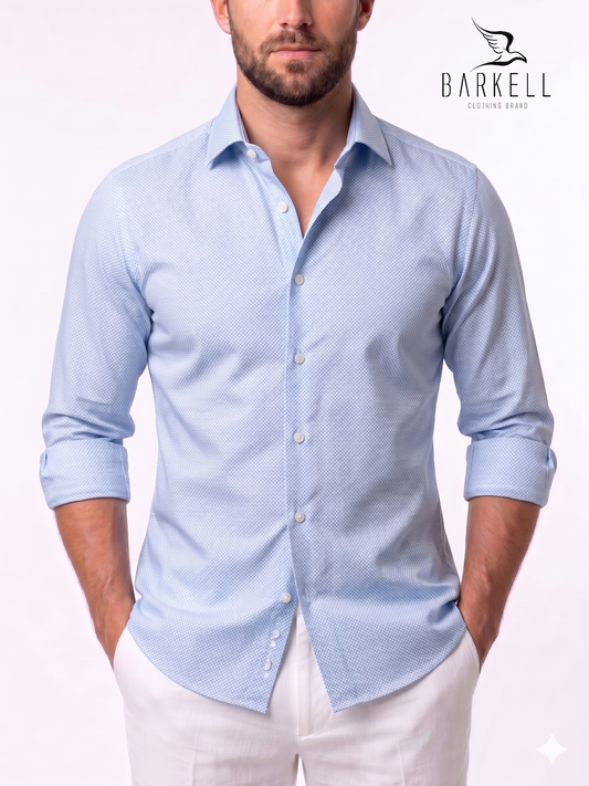 Camicia in Cotone No Stiro Microfantasia Geometrica Celeste Fondo Bianco Collo Francese