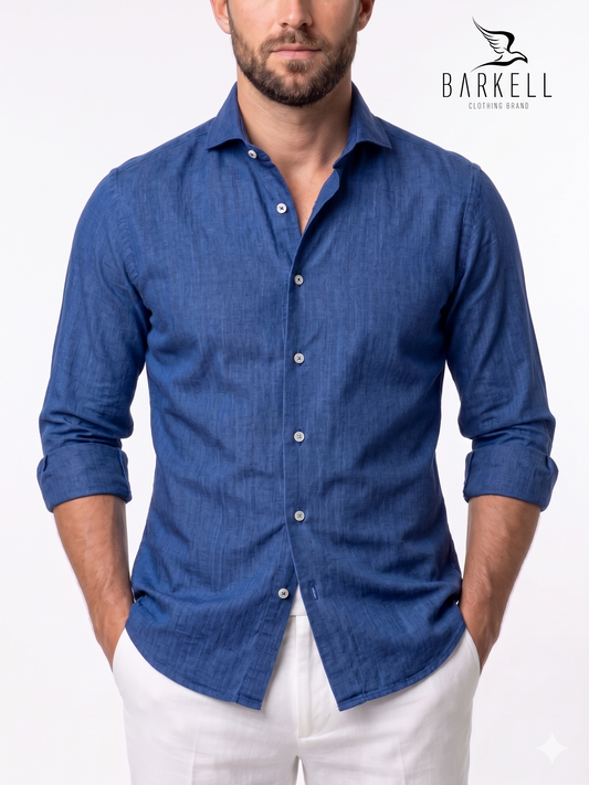 Indigo Blue Pure Linen Shirt with Cutaway Spread Collar