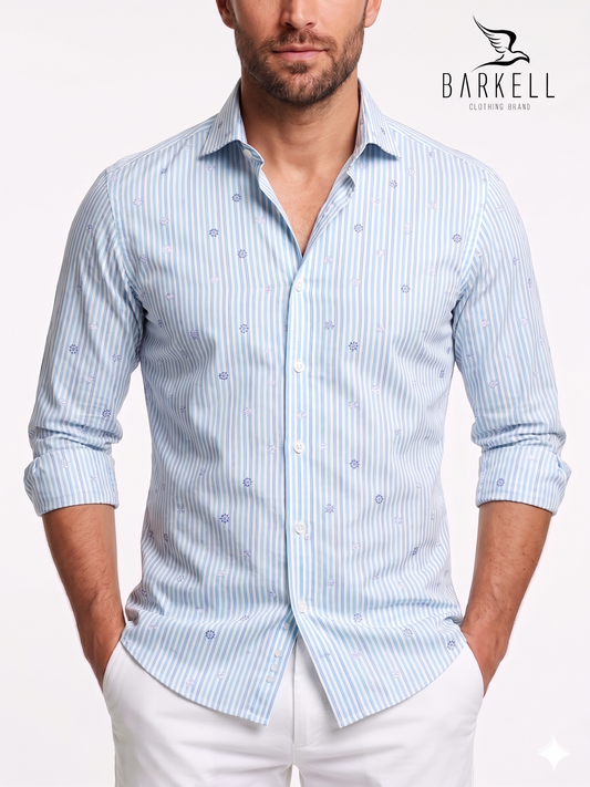 Cotton Shirt with Blue Stripes and Multicolored Rudder Pattern on White Background Small Spread Collar