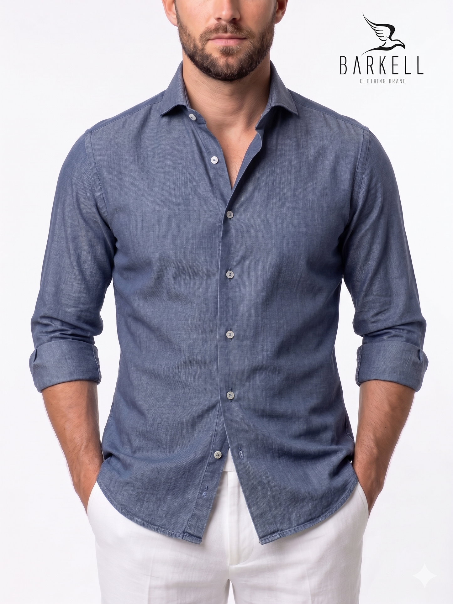 Camisa vaquera de algodón cambray lavada en índigo con cuello italiano