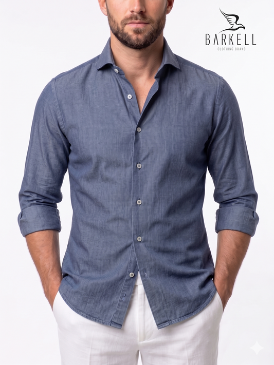 Camisa vaquera de algodón cambray lavada en índigo con cuello italiano