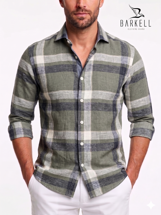 Shirt in Pure Linen Quadrone Gray and Chalk Sage Background with Small French Collar