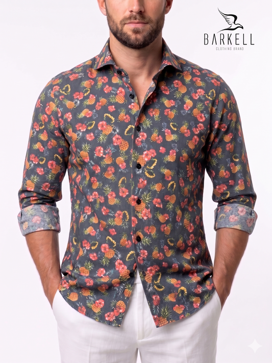 Camicia in Cotone Fantasia Ananas Multicolore Fondo Grigio Collo Francese Cutaway
