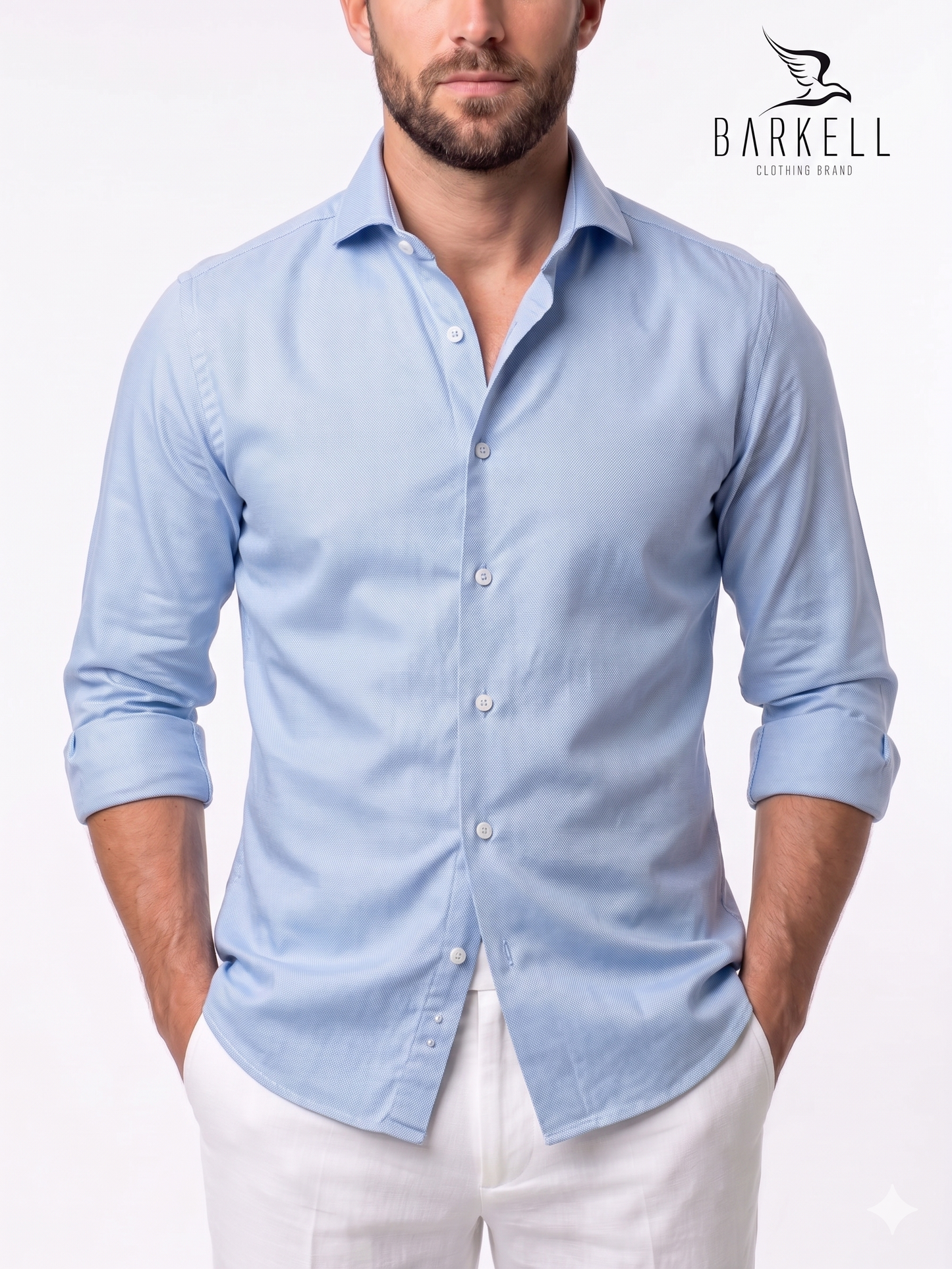Camicia in Cotone Oxford Celeste Collo Francese Spread