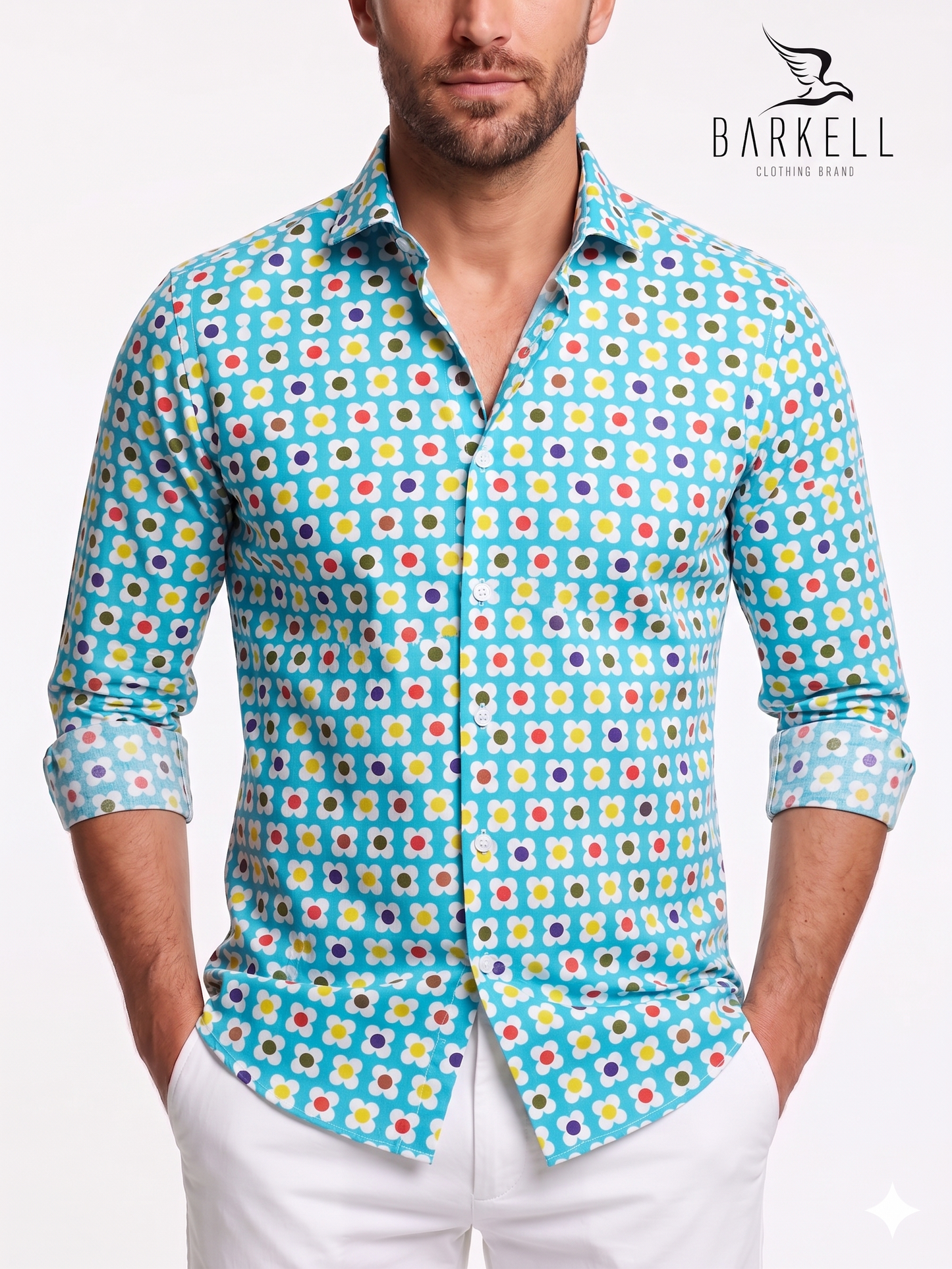 Camicia in Cotone Fantasia Fiore Stilizzato Multicolore Fondo Turchese Collo Francese Piccolo